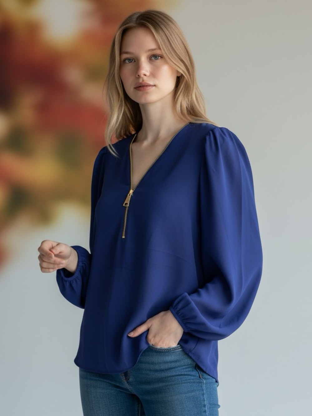 NWT Carmen Marc Valvo Navy Blue Front Zip Blouse ptp 22 , l 26” - Picture 5 of 5